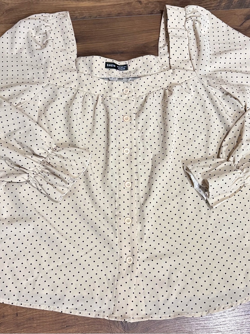 SHEIN Cream Blouse with Black Polka Dots and Puff Sleeves
